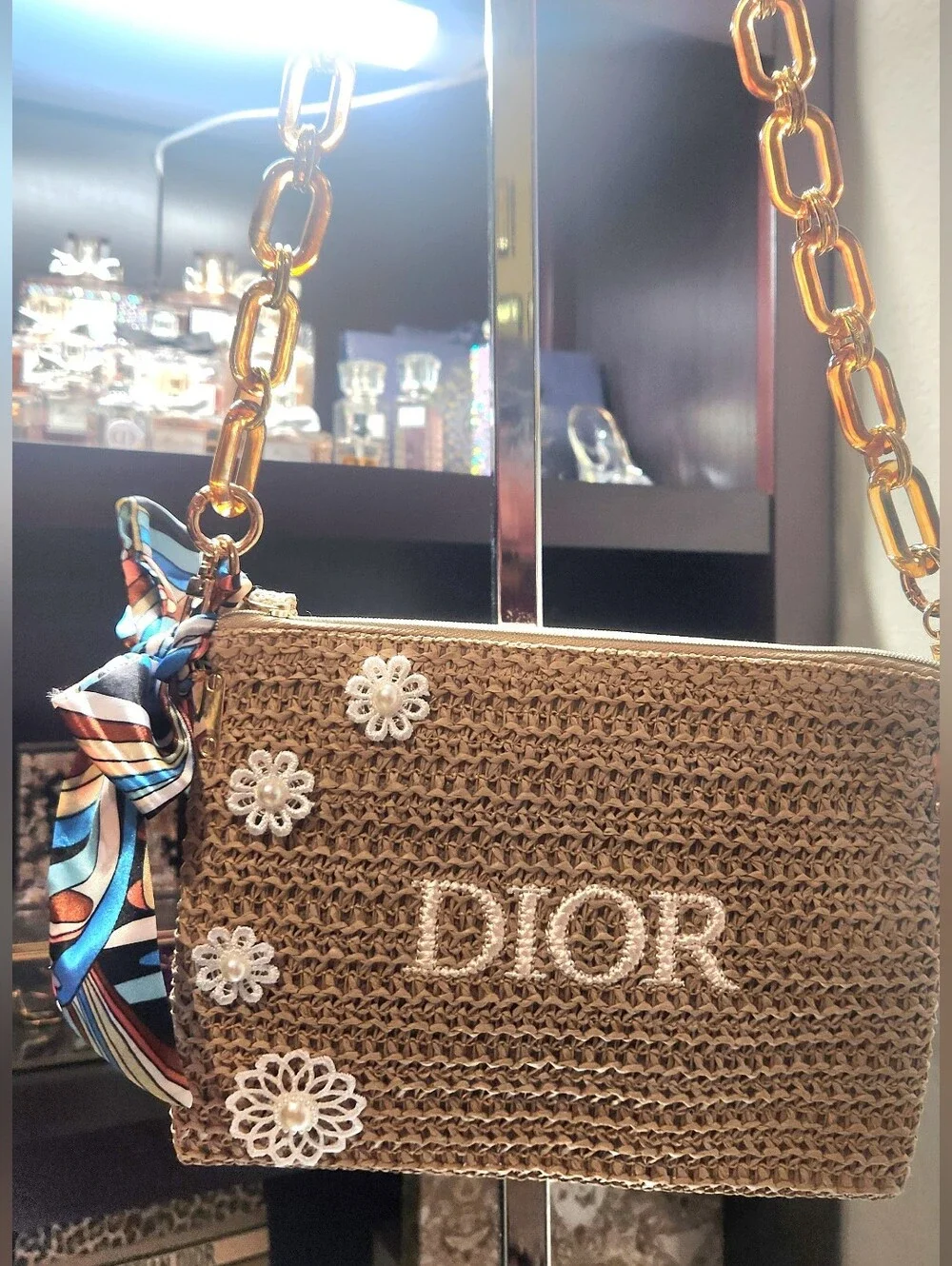 Dior Straw Crossbody Bag in Brown with Floral Embellishments